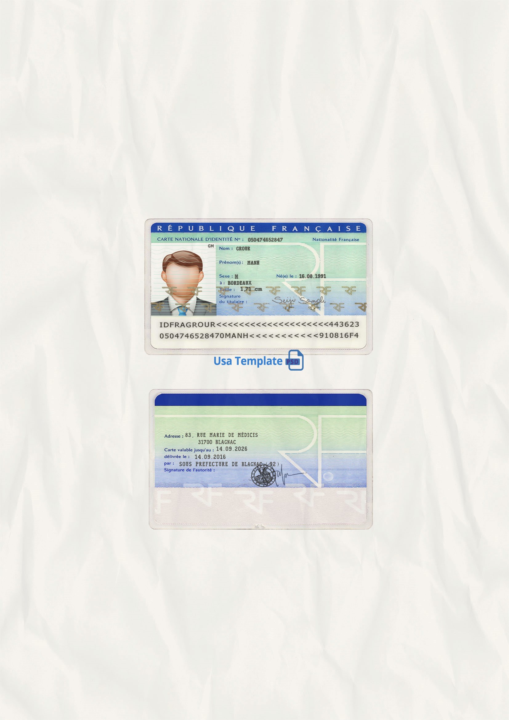 french id card psd template photoshop